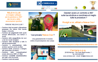Releva Club è il miglior software per la gestione a 360° dei circoli e delle associazioni sportive, gestione accessi, pagamenti, anagrafiche e iscrizioni.